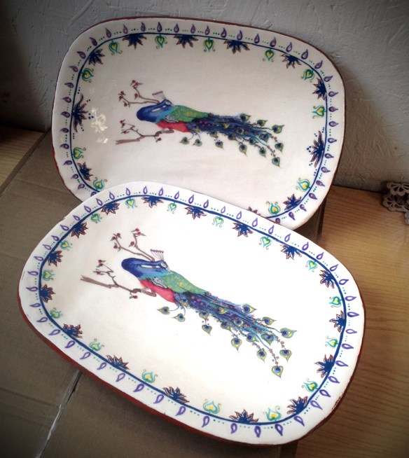 peacock platter pair
